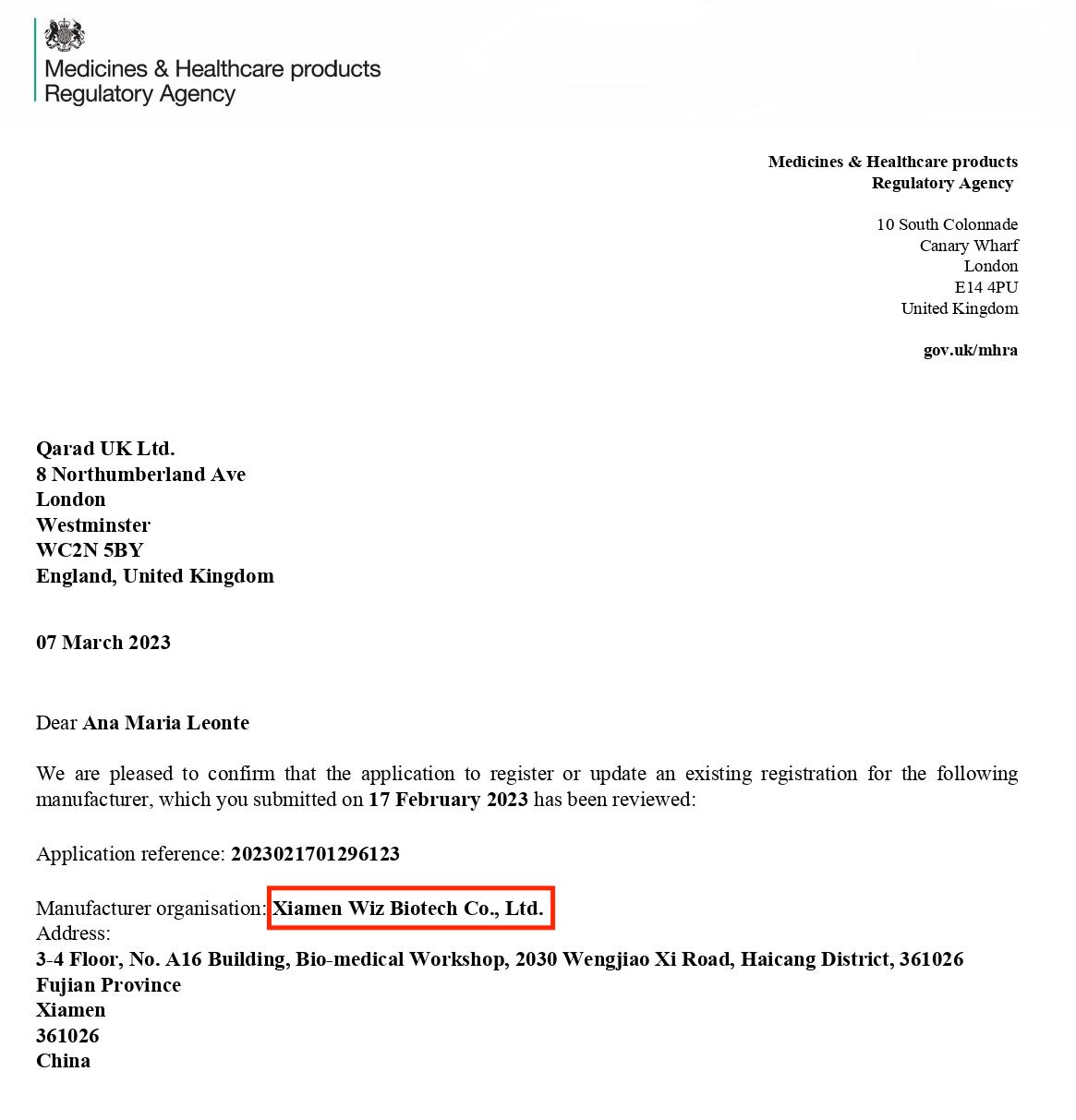99.99 MHRA Registration Confirmation Letter 57个项目 - 2023021701296123_page-0001.jpg 99.99 MHRA Registration Confirmation Letter 57个项目 - 2023021701296123_page-0001.jpg